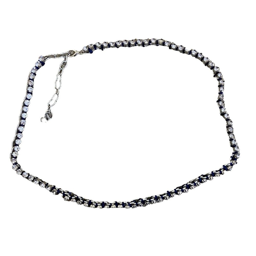 LOFT Skinny Rhinestone Belt, Navy & Silver Trim, Adjustable, 34 In L, Clasp
